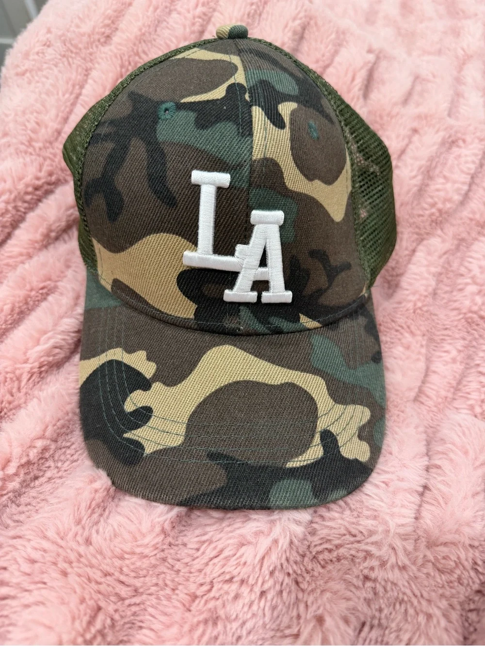 Camo Trucker Hat with White LA Patch